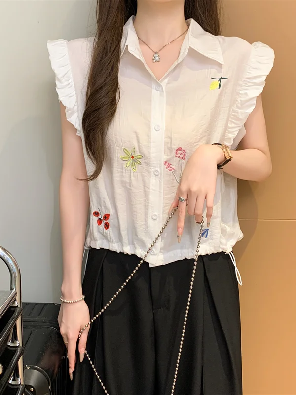 

Ele Embroidered Ne ort irt Korean Sle Breathable Skin-Friendly Summer New Design Slimming Top for Women
