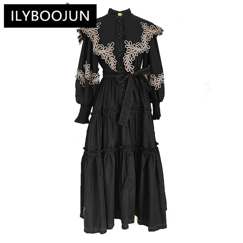 

Embroidered Cape Style Lantern Sleeve Dresses For Women Long Sleeve High Waist Causal Loose Elegant Dress Female 3WQ9225