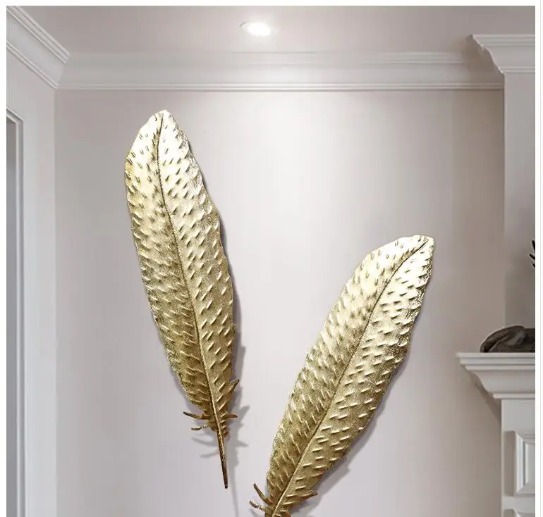 

European Wrought Iron Gold Feather Wall Hanging 3d Accessories Home Livingroom Sticker Crafts Hotel Mural Decoration