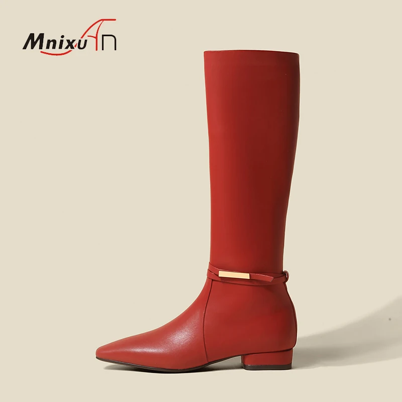 

2024 New British Slip on Knight Boots Woman Pointed Toe Low Block Heels Knee-High Boots Split Leather Casual Autumn Winter Shoes