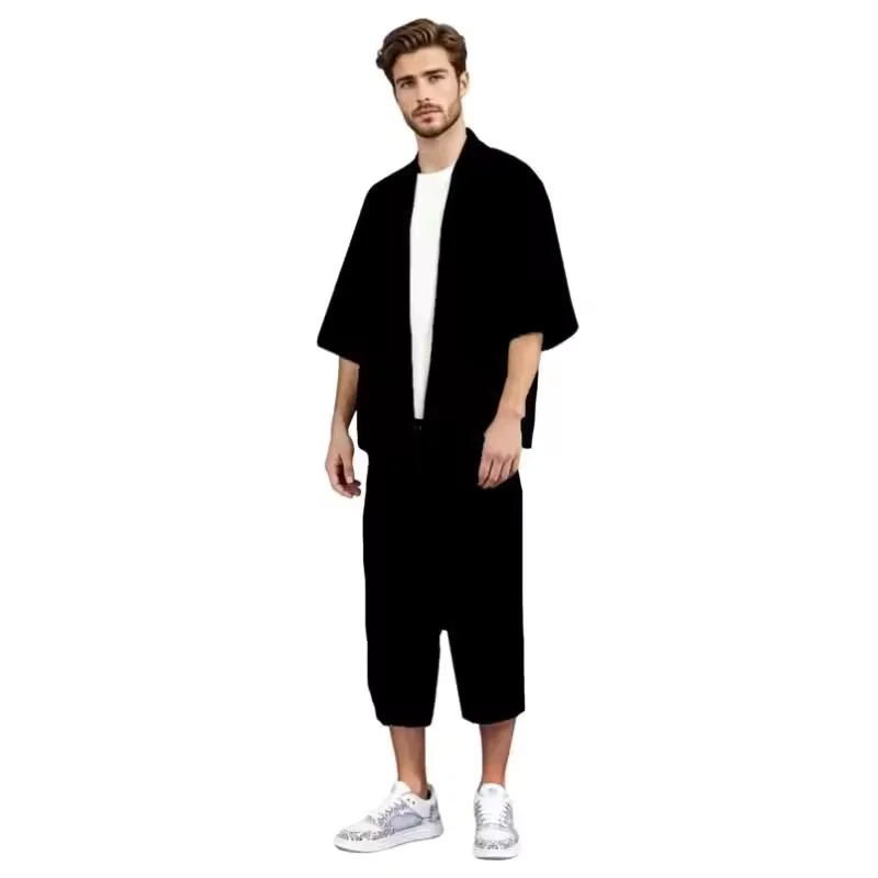 

Летний японский комплект: черный кардиган-кимоно для мужчин, оверсайз 3XL, рубашка с рукавом 3/4 и открытой передней частью, а также укороченные брюки на шнурке для отдыха