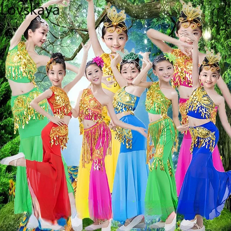 

children's Dai dance dress sequined fishtail skirt Children Dai peacock dance costumes girls