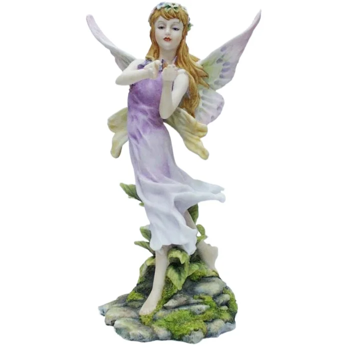 Resin Dancing Flower Fairy Statue Purple Dress Butterfly Wings Floral Crown Moss Rock Base Elf Sculpture Home Garden Decoration