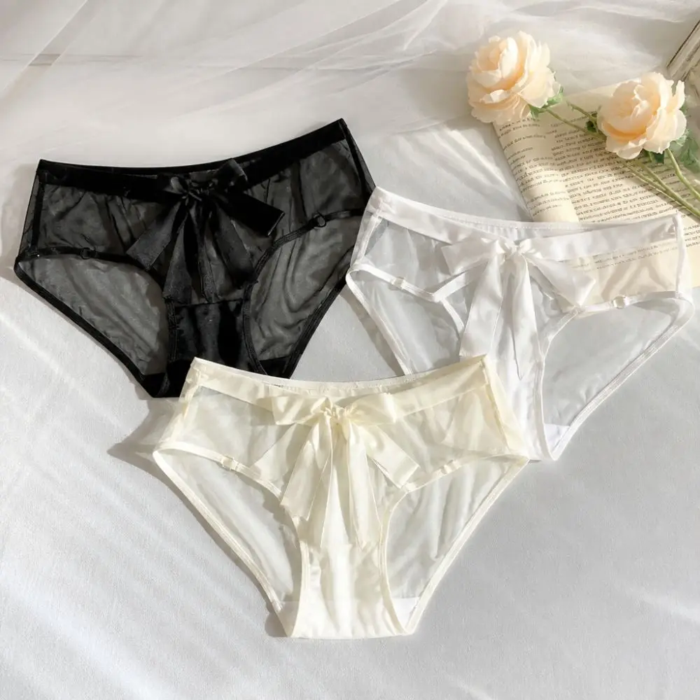 Underpants Large Bow Women Panties Thin Low Waist Underwear Transparent Lingerie Mesh Briefs Big Bow