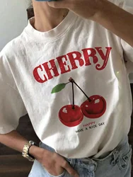 Summer Women Fashion  Cherry Print O-Neck Tops Tees Floral Graphic  Sleeve Clothing Female  Streetwear Simple