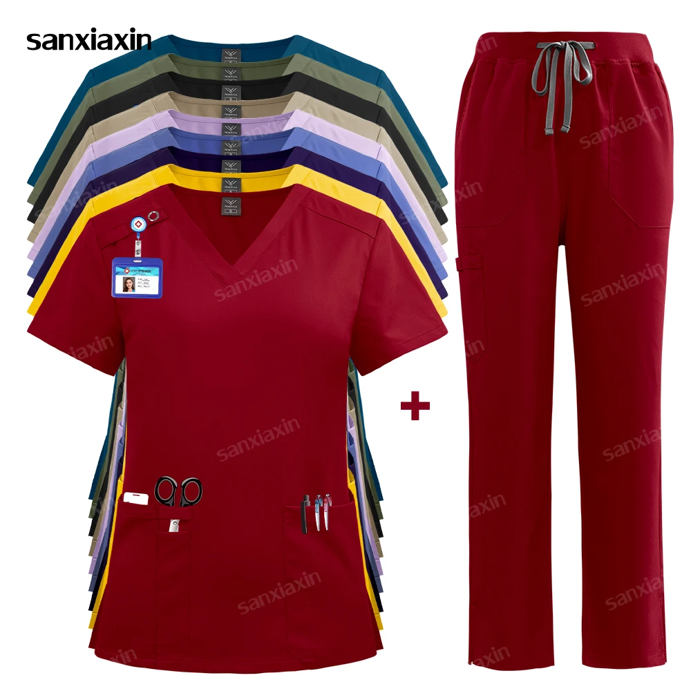 New Nurse Uniforms Women Casual Pockets Top Straight Pants Set Pharmacy Clothes Medical Hospital Doctor Nursing Surgical Uniform