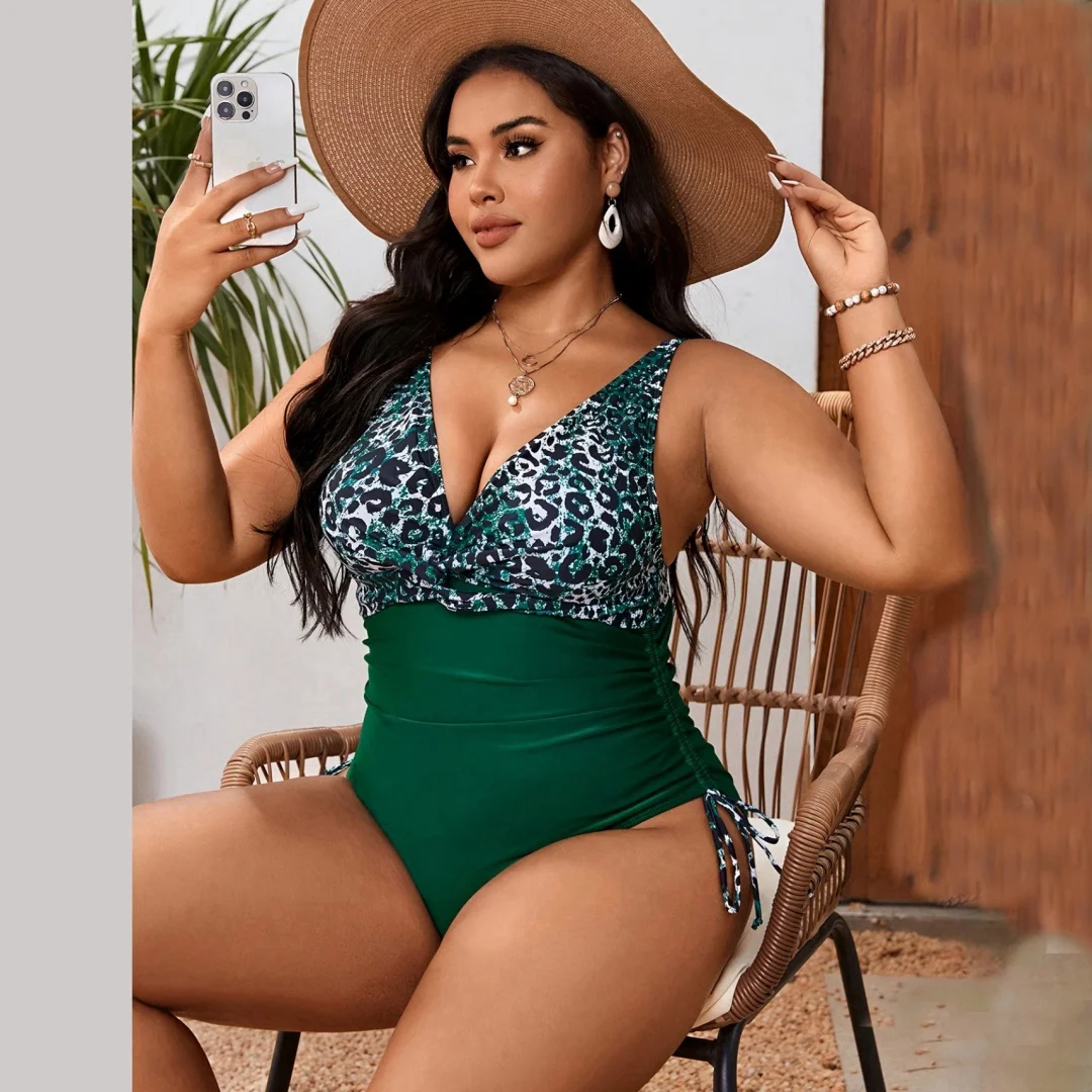 Plus Size Leopard Print Drawstring Side One Piece Swimsuit  Tummy Control Front Cross Bathing Suits Slimming Swimsuit V Neck