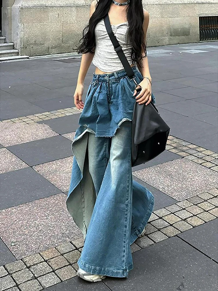 

Women 2025 Spring Autumn New Fake Two-piece Flared Pants Hot Girl Design Is Irregular and Fashionable Spliced Jeans