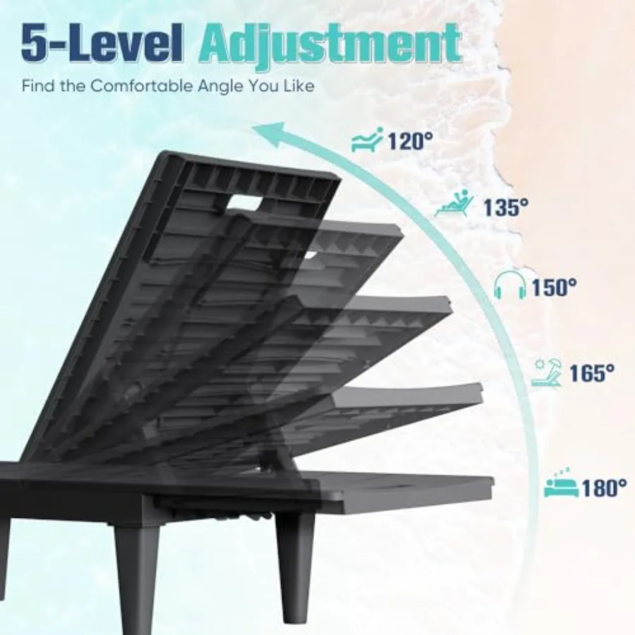 Outdoor Chaise Lounge Chair Set of 2 with 5-Position Adjustable Back, Waterproof and Lightweight PP Lounge Chairs for Outside P view 5