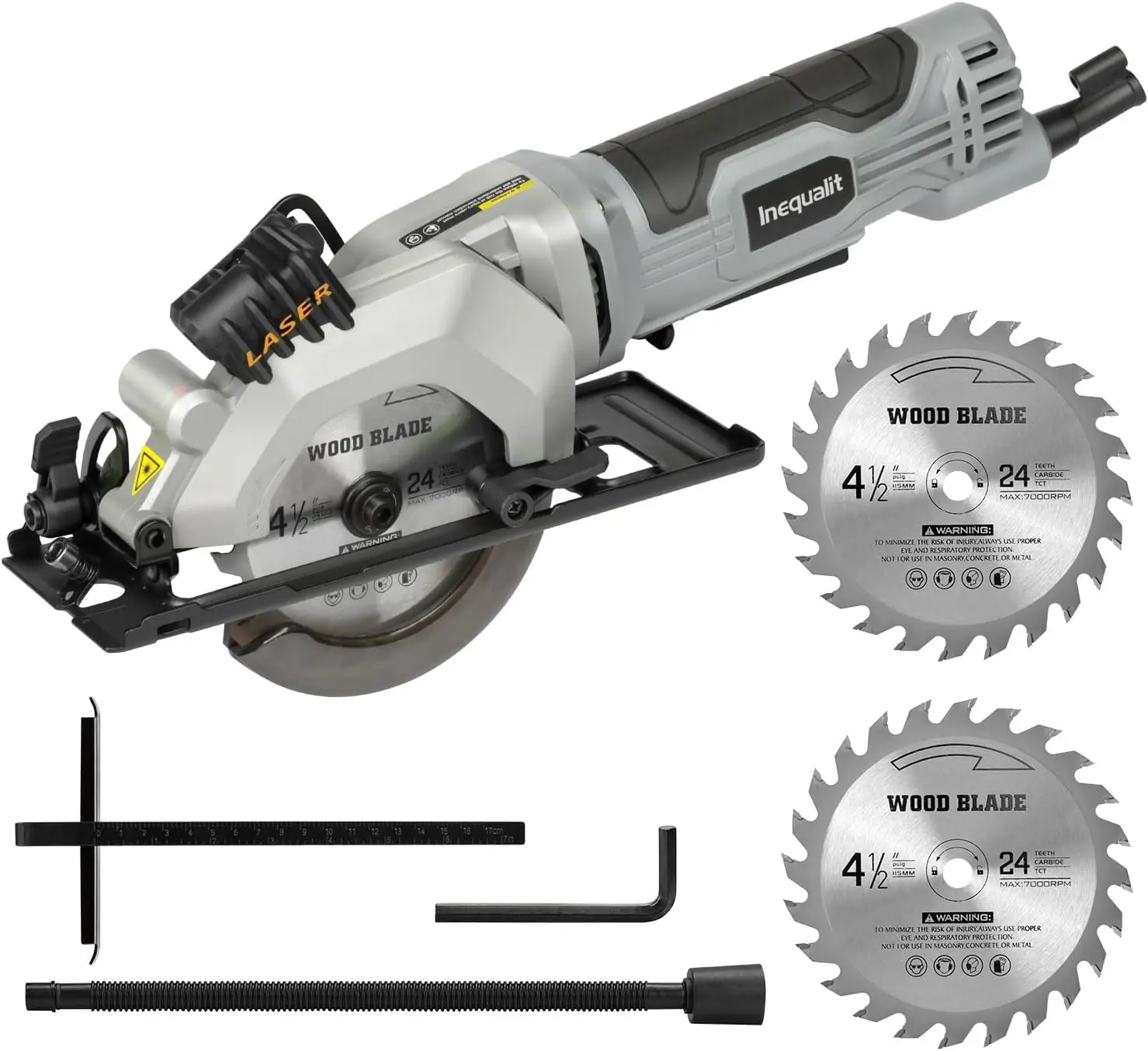 

Mini Circular Saw, 4Amp 3500RPM Corded, 4-1/2' 24T TCT Blade, Laser & Rip Guide, Vacuum Adapter, Max Cut 1-11/16'(90°)