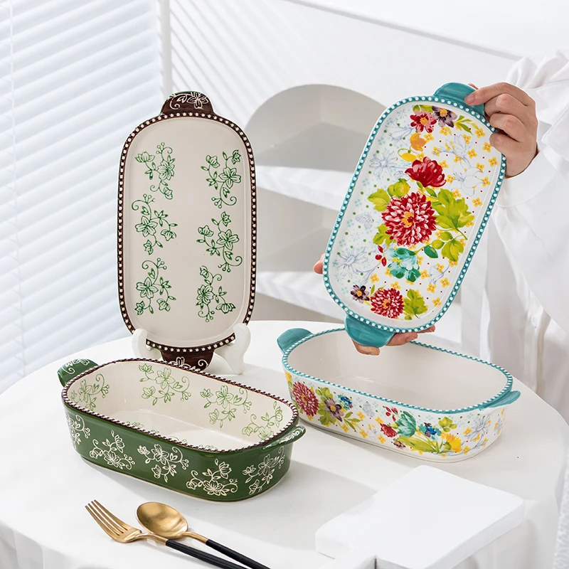 

Underglaze Color Pioneer Cerc Baking Di Microwave Oven Home Use Double Ear with Lid Baking Tray Cheese Baked Rice Tray