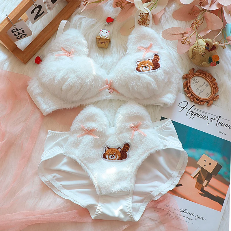 Milk Velvet Little Panda 2024 Autumn/winter New Plush Girl Underwear No Steel Rim Bra Set Warm Bra Set Lolita Sweet Girl