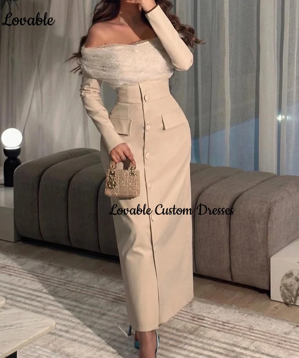 Customized Dresses For Special Occasions Column Off-The-Shoulder Neckline Ankle-Length Ruffle Evening Dresses Zipper Up Vestidos