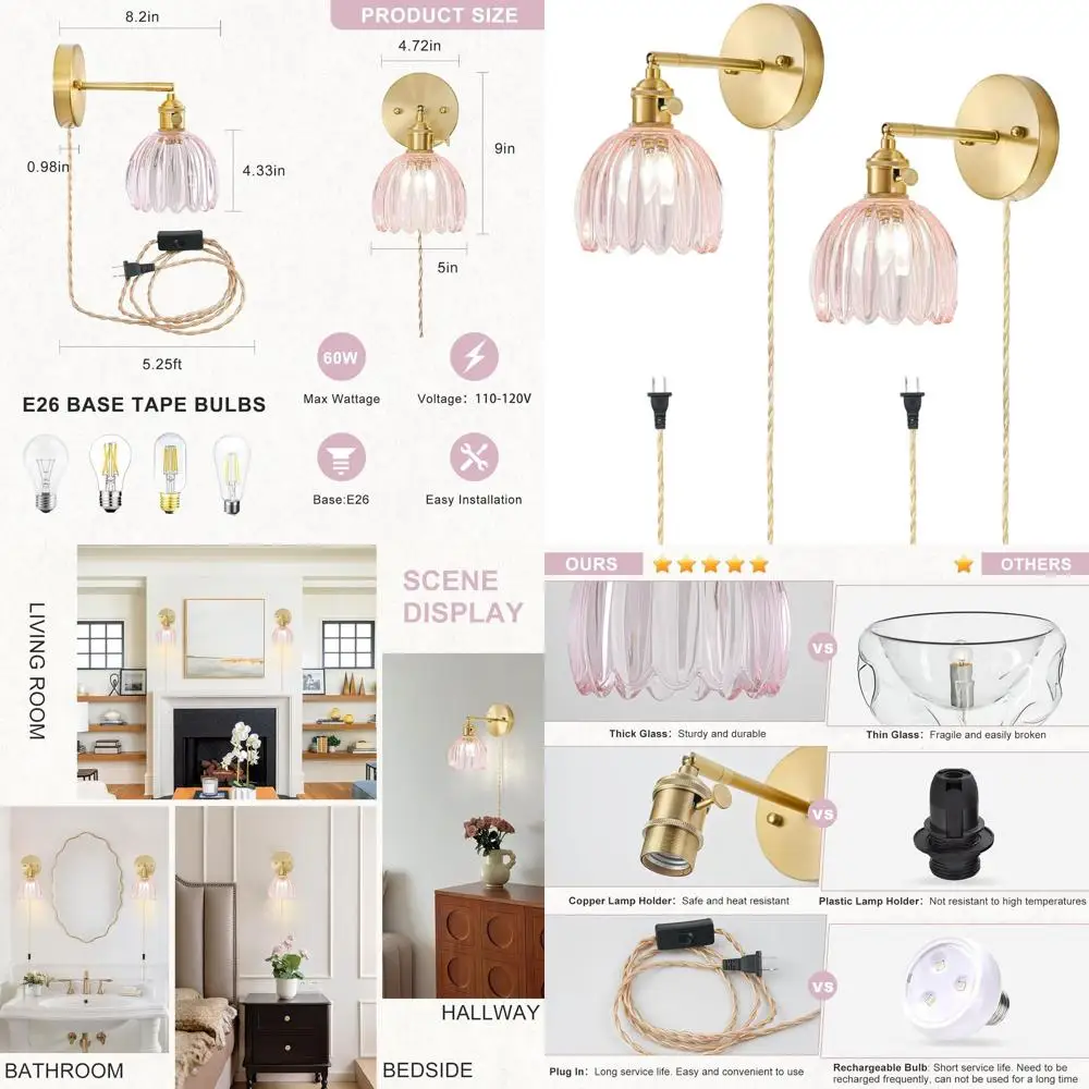 

Pair of Vintage Tulip Pink Glass Wall Sconces with Plug-in Cord and On/Off Switch, Gold Wall Lights for Bedroom Decor