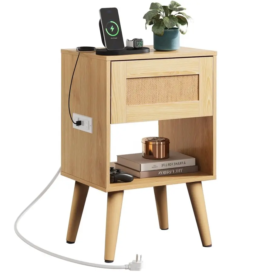 

Rattan Nightstand with Charging Station, Boho Night Stand, Small Bedroom Side Table, End Table with Drawer and Storage, Wood Bed