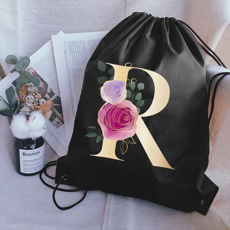 Rose Letter Print Drawstring Pouch School Book Bag Boys Girls Kids Adult Gym PE Kit Sack Dance Drawstring Backpack Storage Bag