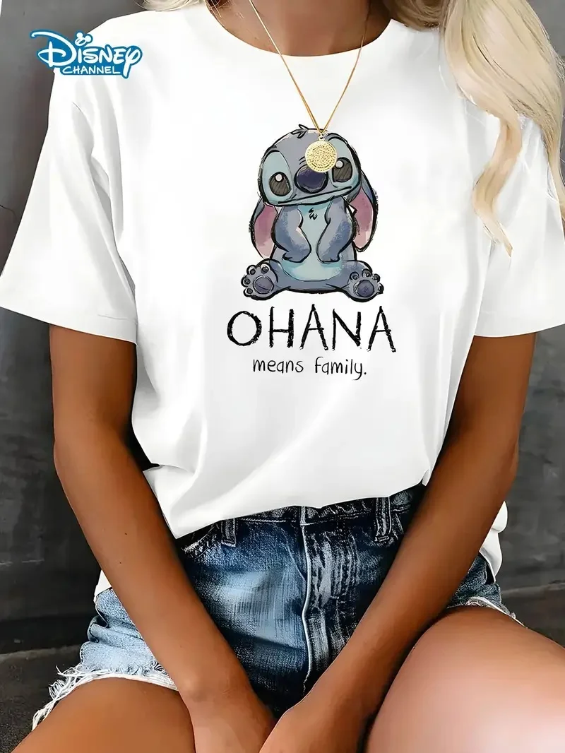 

2025 Disney Pattern Printed Women's Casual Comfortable Unique Smiling Face Black Round Neck Short Sleeve T-shirt