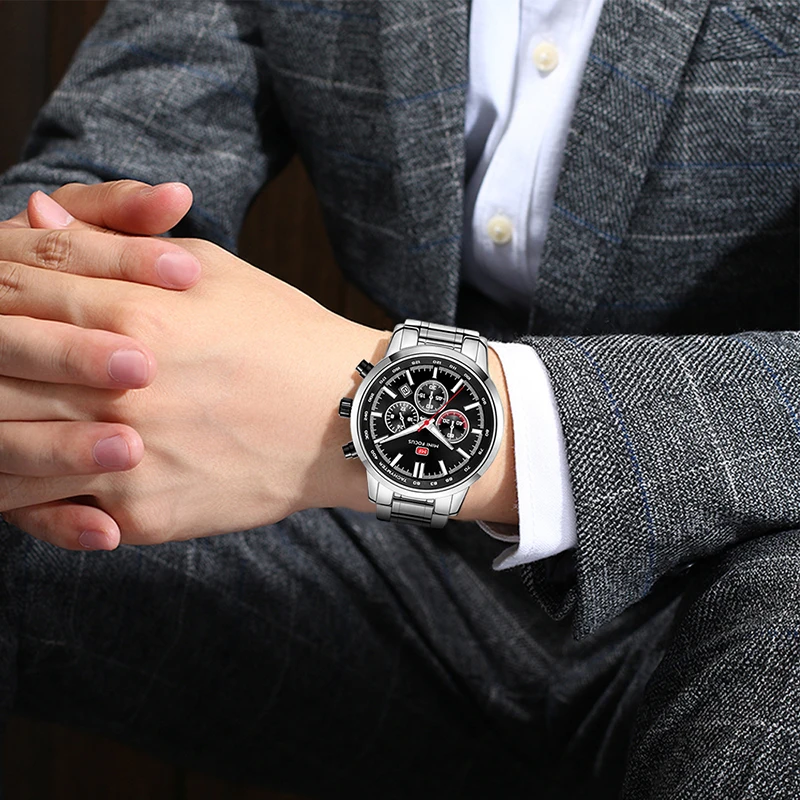 MINI FOCUS Funky Multi-Color Top Fashion Quartz Watches with Calendar Stainless Steel Strap 3ATM Waterproof Mens Sports Watch