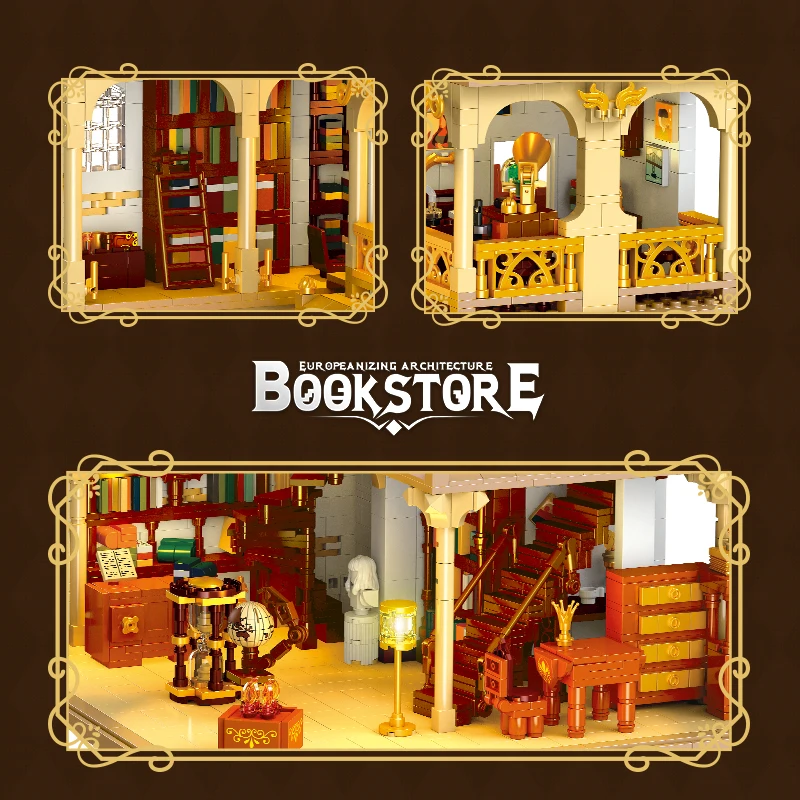 Retro Style Architecture City library Bookstore Building Blocks Atmosphere Lights Creative Streetscape Big Model Bricks Toys