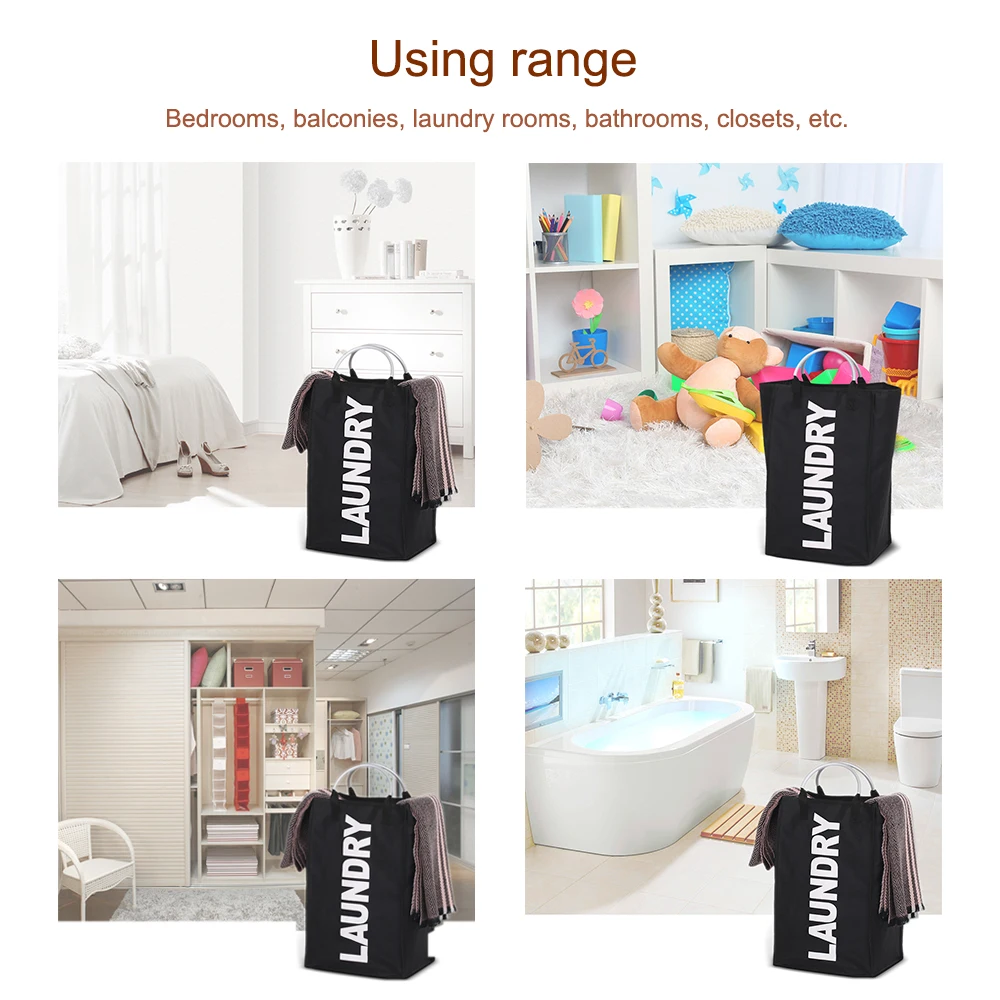 Practical Foldable Laundry Bag Washing Dirty Clothes Laundry Basket Durable Storage Bag with Alloy Handle--Black