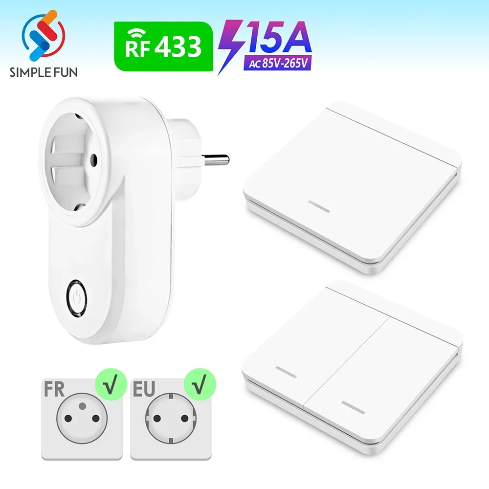 433Mhz Wireless Socket Remote ON OFF Smart Plug EU FR With Wall Switch Electrical Outlet 15A 220V  For Home Appliance Light Fan