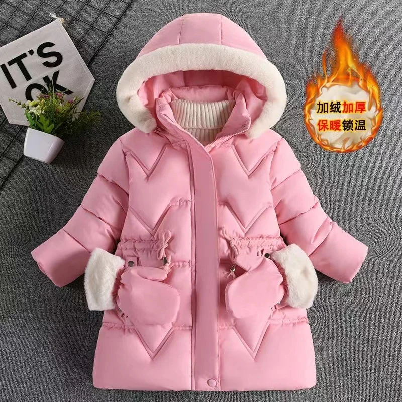 

-30°C Winter Girls Long Jackets Send Gloves Kids Thick Velvet Warm Coat Children Cotton-Padded Parka Fur Hooded Snowsuit 3-10Y