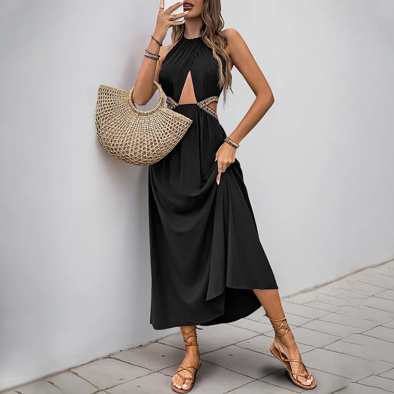 

Spring and Summer 2025 Sleeveless Hanging Neck Dress Hollow Holiday Style Long Skirt Woman