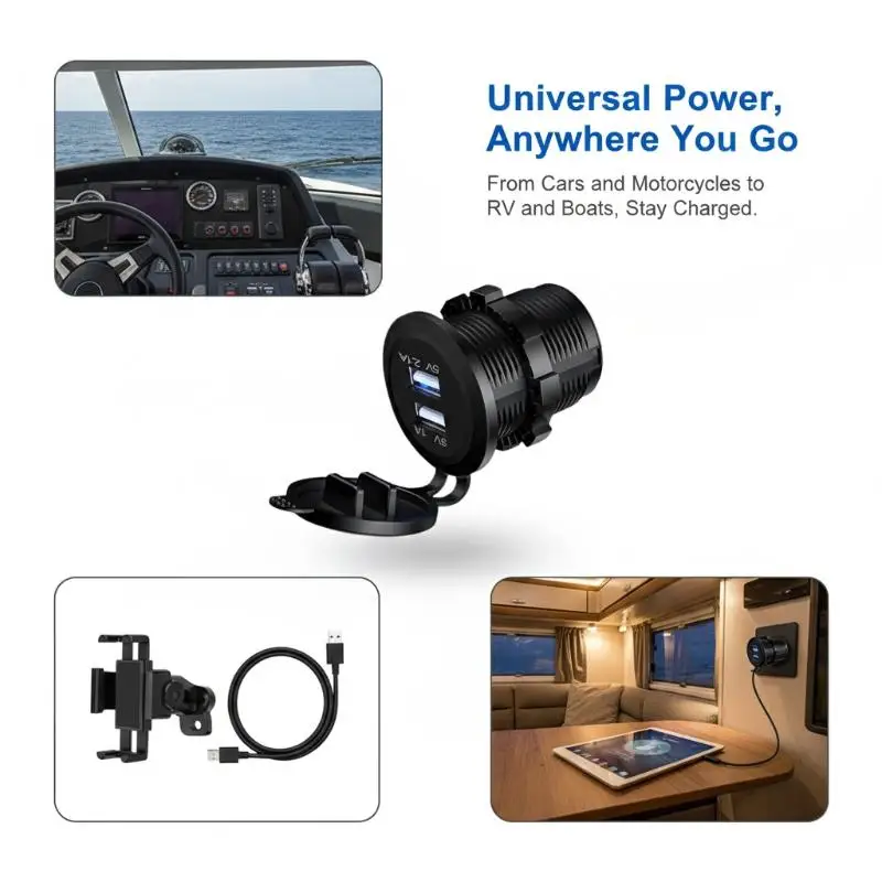 Car Charger Socket Dual USB 12V 24V Outlet 5V 2.1A 1A Portable Power Adapter for Truck Marine RV