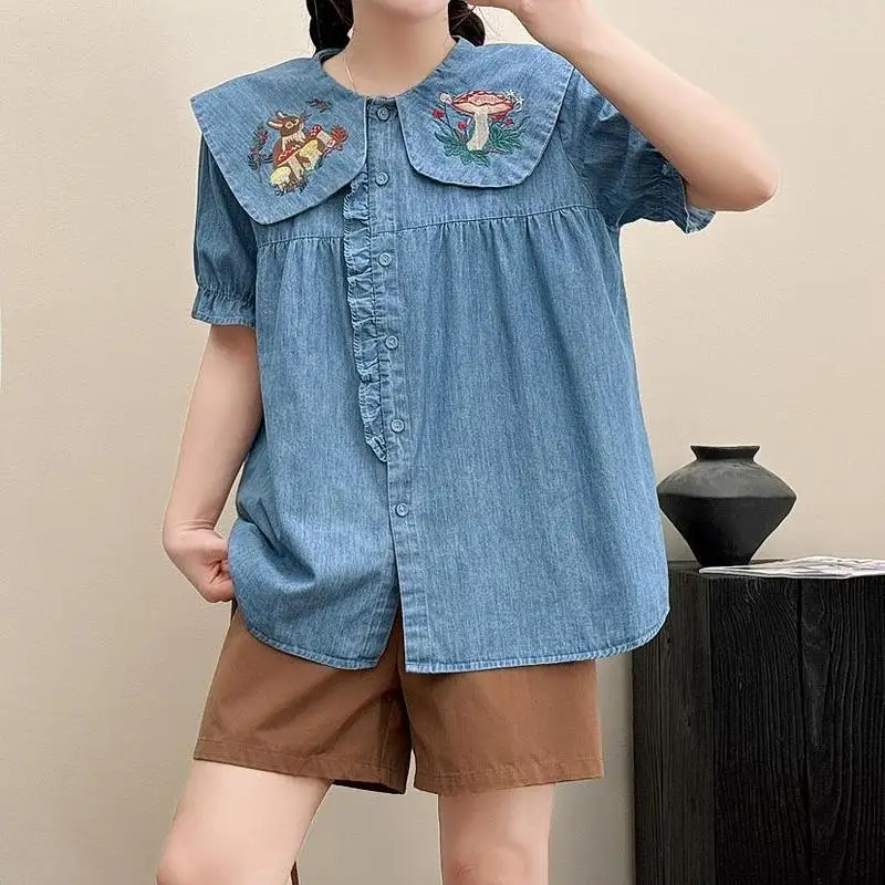 

Spring Summer Japanese Sweet Mori Girl Cartoon Bunny Embroidery Denim Shirts Women Cute Peter Pan Collar Short Sleeve Blouse