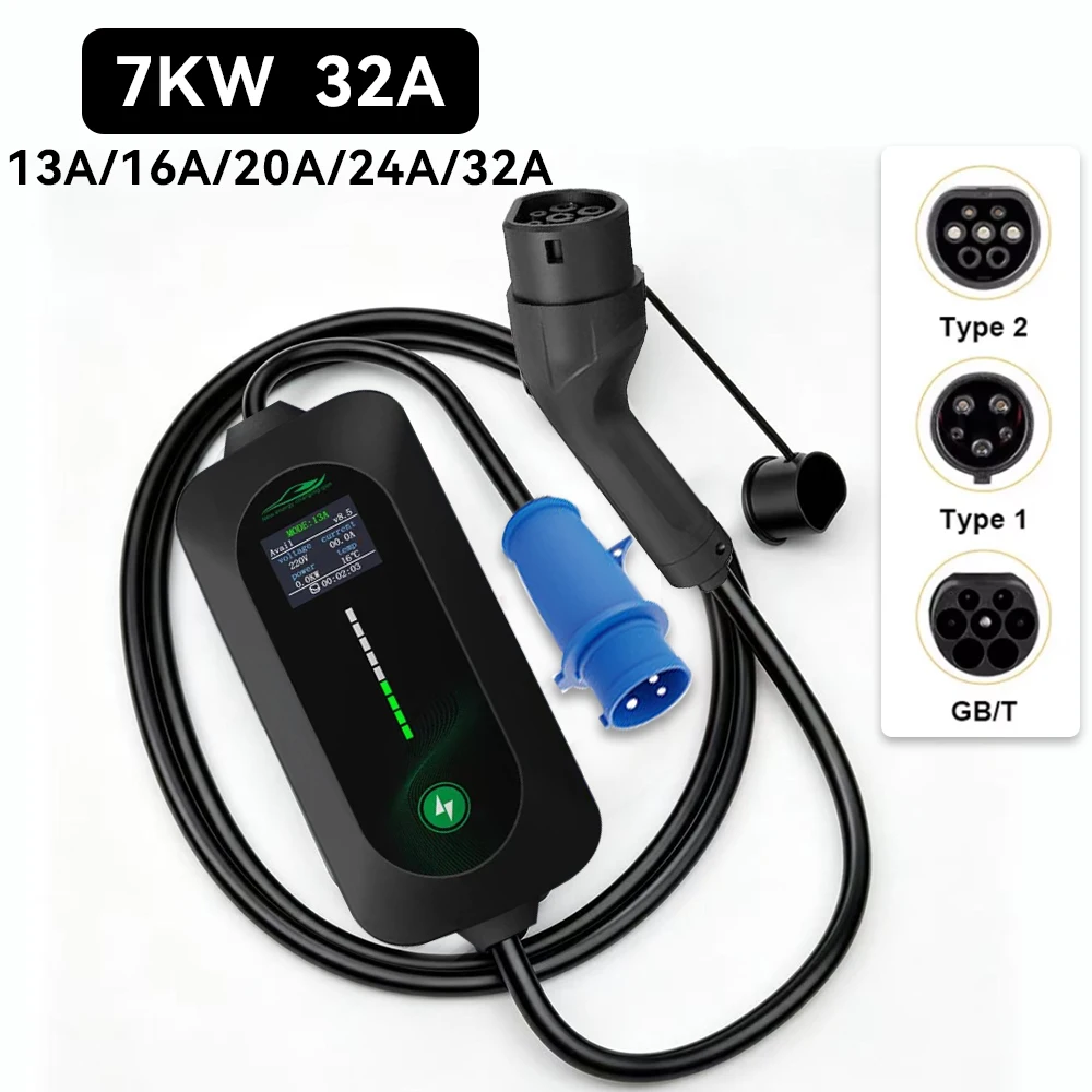 7KW EV Portable Charger J1772 Type1 Type2 GBT Charger 32A Adjustable Current Charger for Electric Car WiFi APP Bluetooth Control