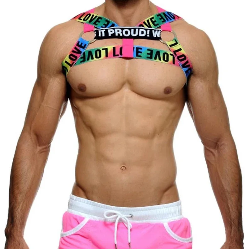 

Rainbow Pole Dance Bodyback Shoulder Straps Sexy Bandages Men Elastic Chest Strap Bar Nightclub DJ DS Stage Rave Outfit XS6968