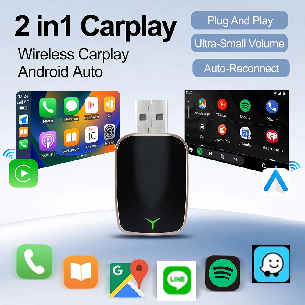 

Mini Wireless Carplay Adapter Android Auto AI Smart USB Dongle 2 in 1 WiFi Fast Connect for Benz Chevrolet Ford Honda Toyota