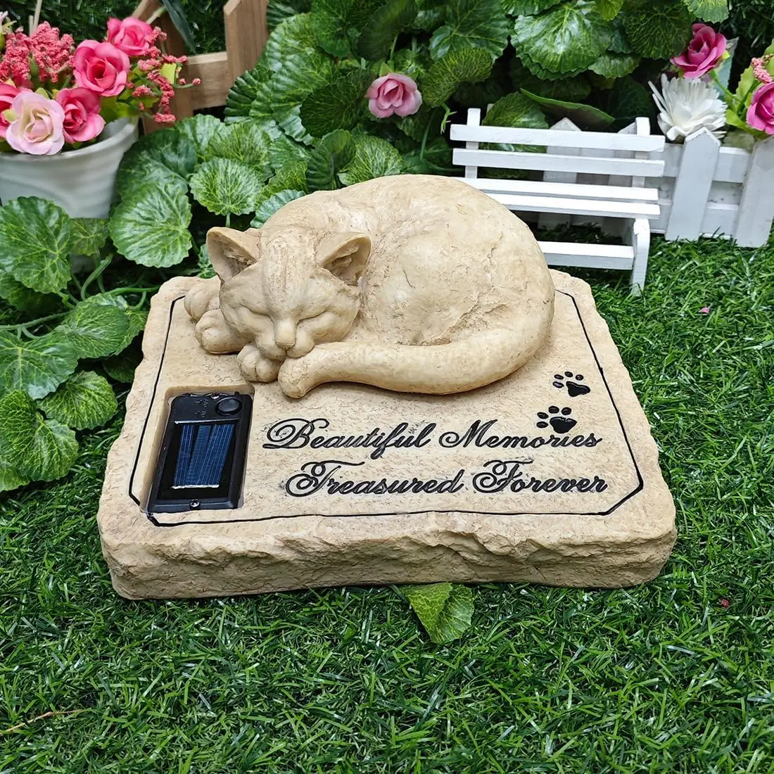 

3D Cat With Solar Light Cat Memorial Tombstone Garden Decoration Resin Sculpture