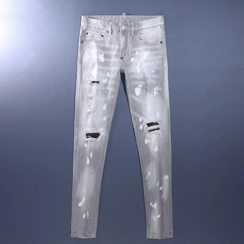 

Мужские джинсы Y2K Street Designer Fashion: ретро-серые стрейчевые облегающие джинсы с рваными элементами и эффектом окрашивания, винтажные джинсовые брюки для мужчин