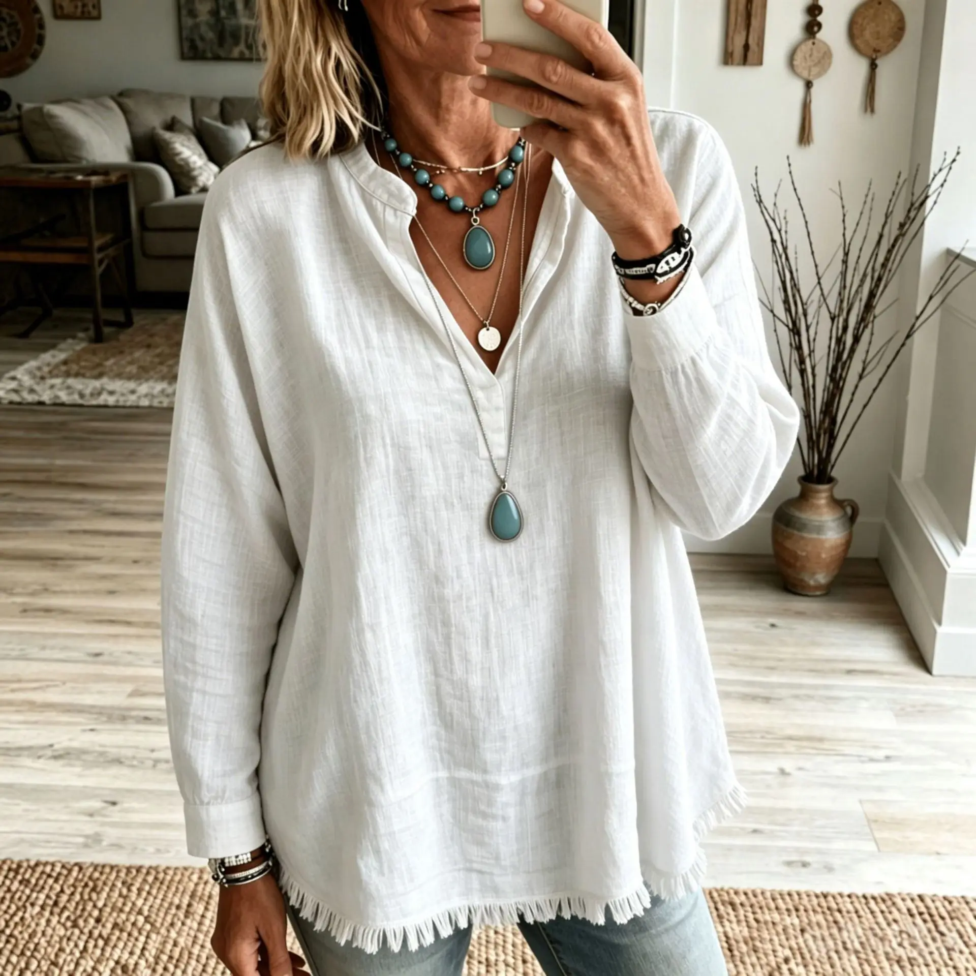 Women Autumn V Neck Fringe Hem Long Sleeve Blouse Solid Color Loose Casual Tunic Top