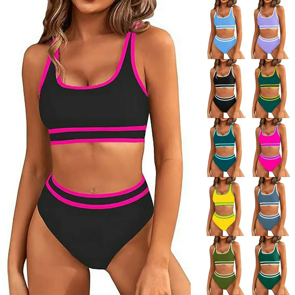 

2025 High Waist Bikini Set - Sporty Color Block Two Piece Swimsuit Tummy Control & Adjustable Straps Women Swimsuits