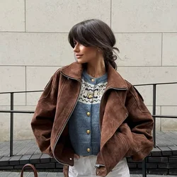 Vintage Lapel Solid Color Zipper Suede Jacket Women Fashion Women Cropped Casual Long Sleeve Coat Autumn New Commuter Outerwears