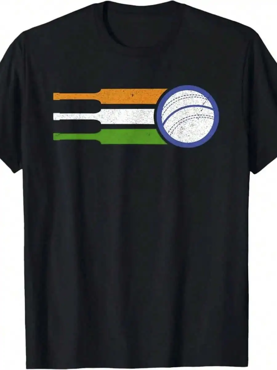

Men Cricket Print Short Sleeve T-Shirt Indian Flag Design Comfortable Round Neck Sports Tee