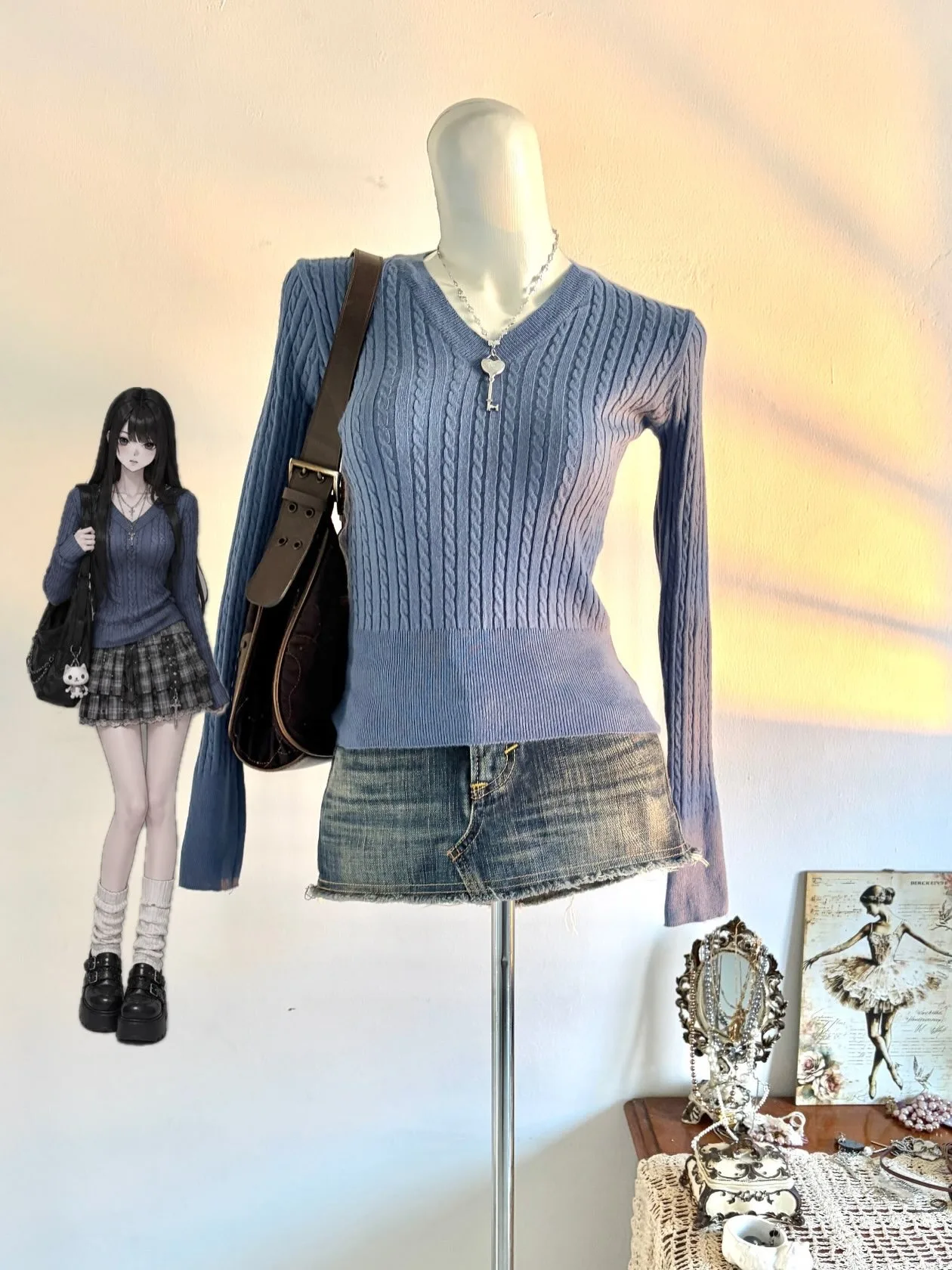 Y2K Women V Neck Cable Knit Sweater Blue Slim Fit Long Sleeve Cropped Pullover Vintage Casual Knitted Top