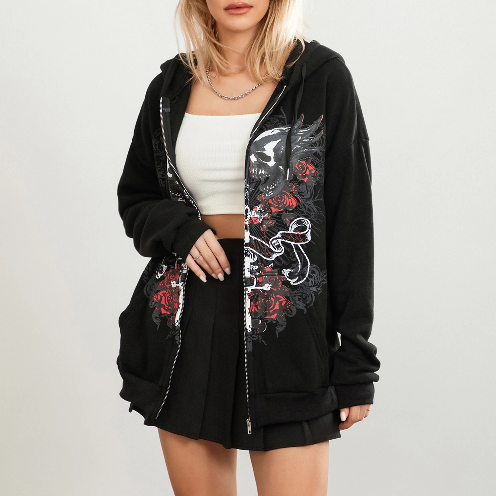 Y2K Women's Hooded Sweatshirt, Adults Casual Skull Print Long Sleeve Cardigan with Pockets Streetwear