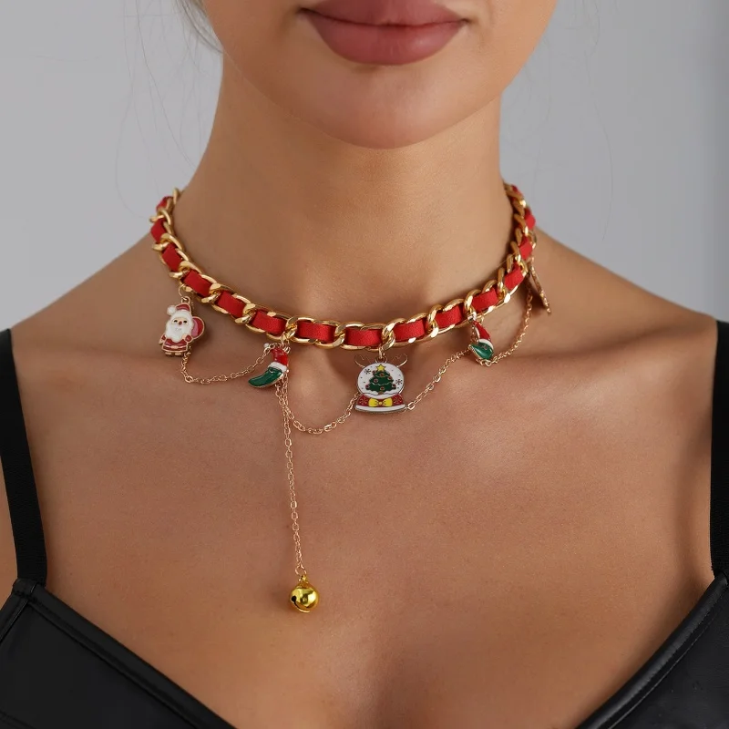 2026 عيد الميلاد متعدد العناصر المختنق قلادة للنساء سانتا كلوز شجرة دلاية شكل نجمة تصميم جديد شخصية الشريط المنسوجة مجوهرات