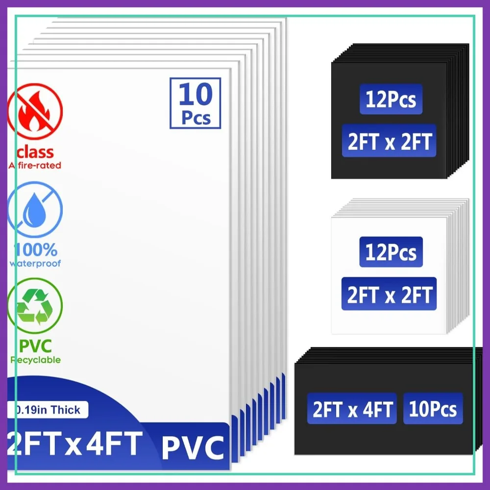 

PVC Drop Ceiling Tiles 2x4ft, 10-Pack 80 Sq Ft, Waterproof Fire-Rated Washable, No Rot No Sag