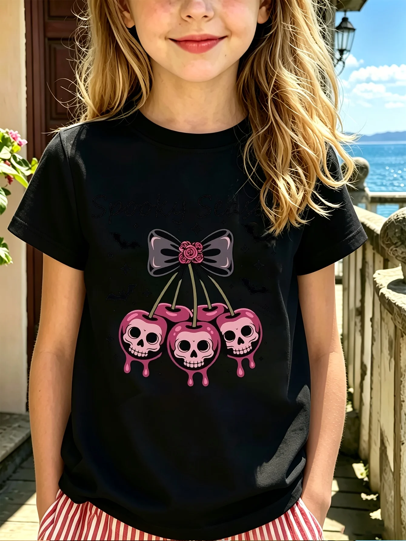 Kids Boys Girls Family Matching T Shirt Spooky Season Halloween Cherry Skull Bow Graphic Print Short Sleeve Crew Neck Tee Tops