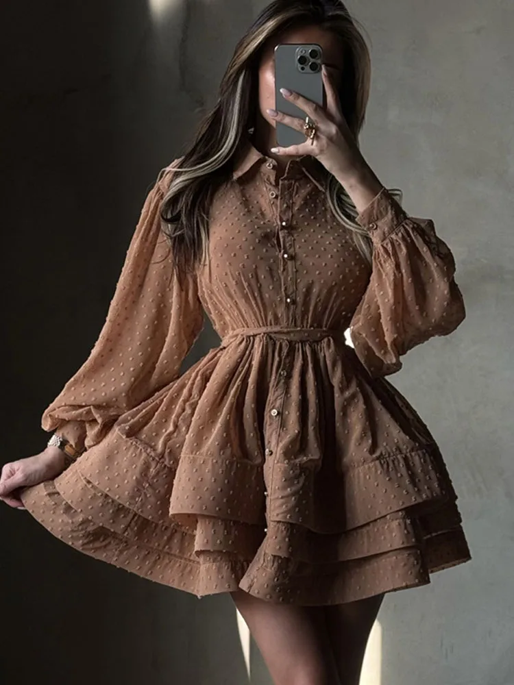 

BKQU Elegant Print Dresses Woman Long Sleeve Single Breasted A-Line High Waisted Ruffled Mini Dresses 2026 Spring New Clothing