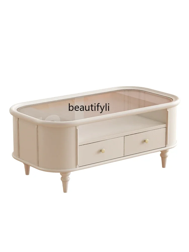 

QFrench Cream Style Solid Wood Coffee Table TV Cabinet American Light Luxury Tea Table Small Tea Table Pure Solid Wood Furniture