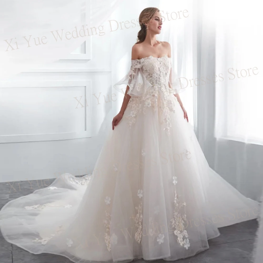 

Charming Beautiful Princess A-Line Wedding Dresses Modern Appliques Lace-Up Boat Neck Bride Gowns Half Sleeve Vestido De Noiva