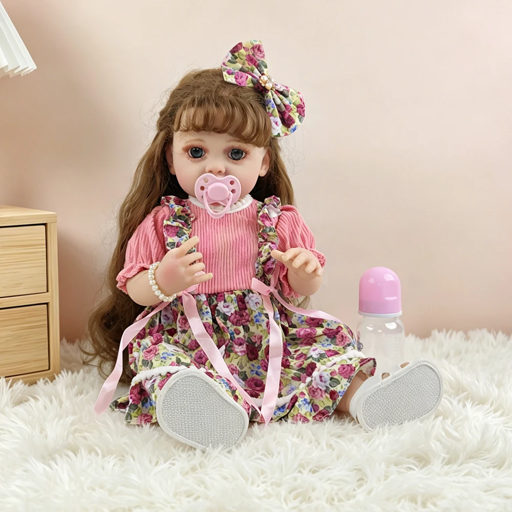 1pcs Lifelike 22Inch Full Vinyl Body Reborn Girl Doll with Transplanted Long Hair 55cm Simulation Dolls Companion Toy Gifts