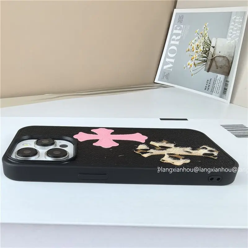 Leopard Print Leather Cross For iPhone 15 16 Pro Max phone case For IPhone 14 13 12 11 Pro 3D Luxury Trendy Anti Drop Covers