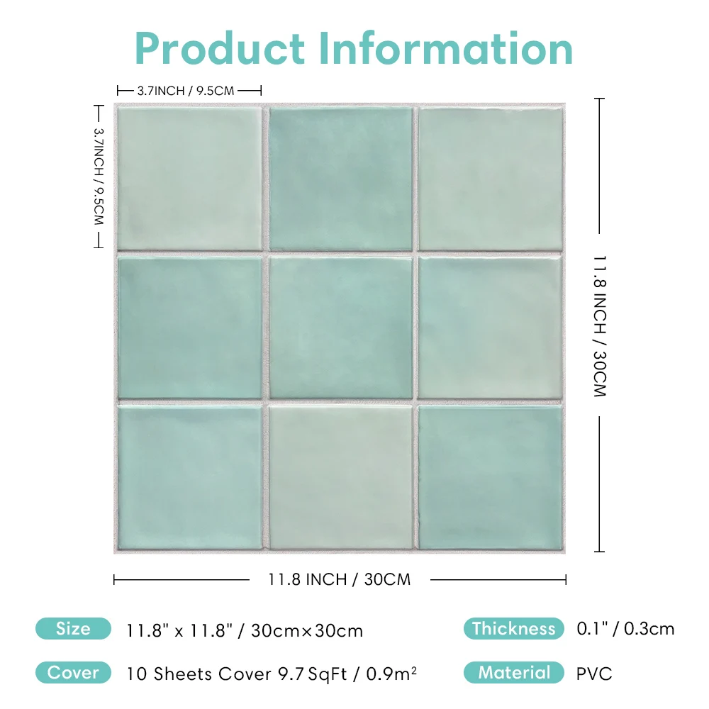 5/10Pcs Light Teal Green Ceramic-Style Square Peel-and-Stick Wall Tiles - PVC, 30 X 30 cm. Living Room Decorative Wall Stickers