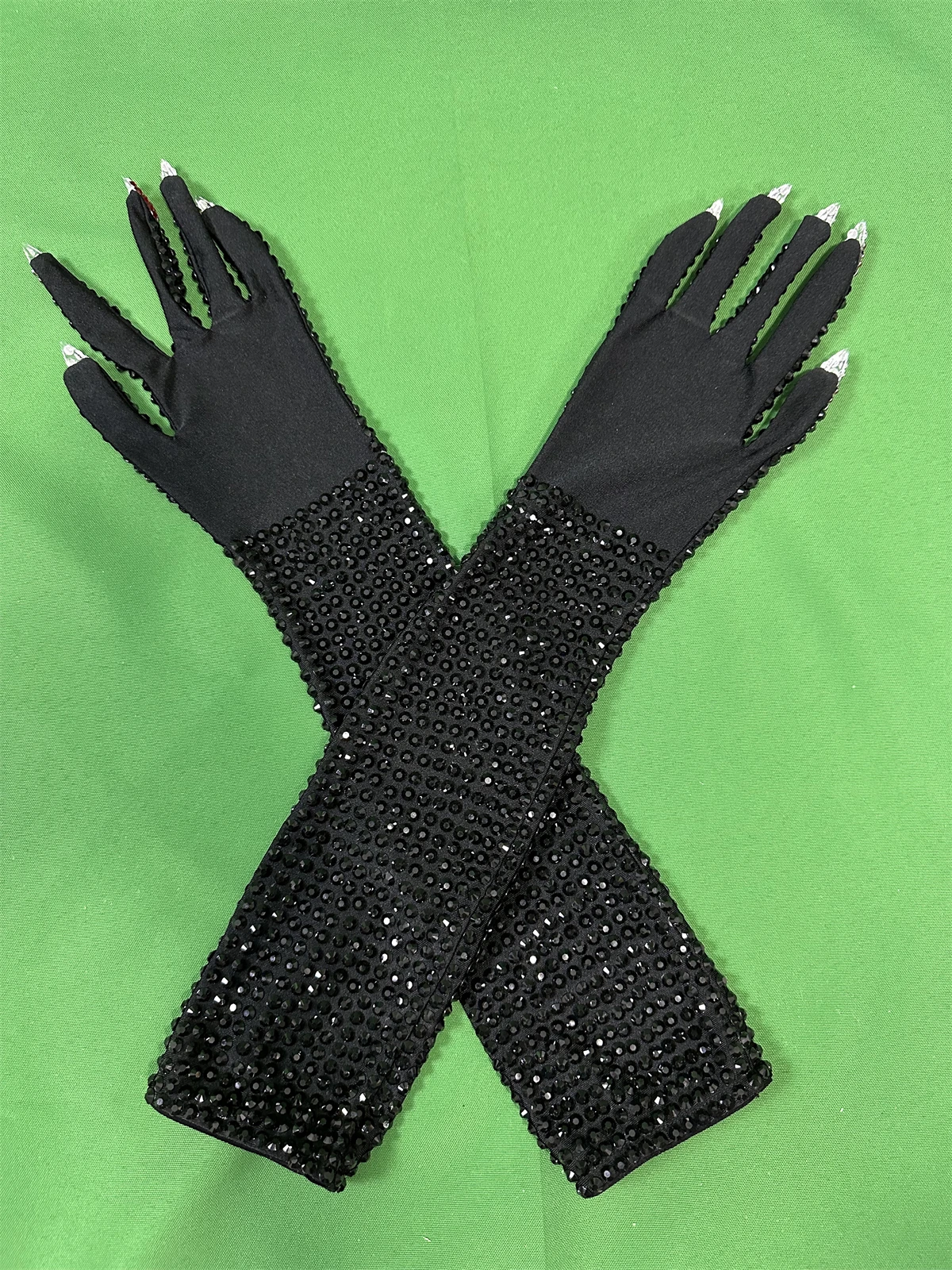 Guantes largos glamorosos negros con diamantes de imitación para mujer, accesorios elásticos de LICRA para club nocturno, escenario nocturno, cantante, fiesta